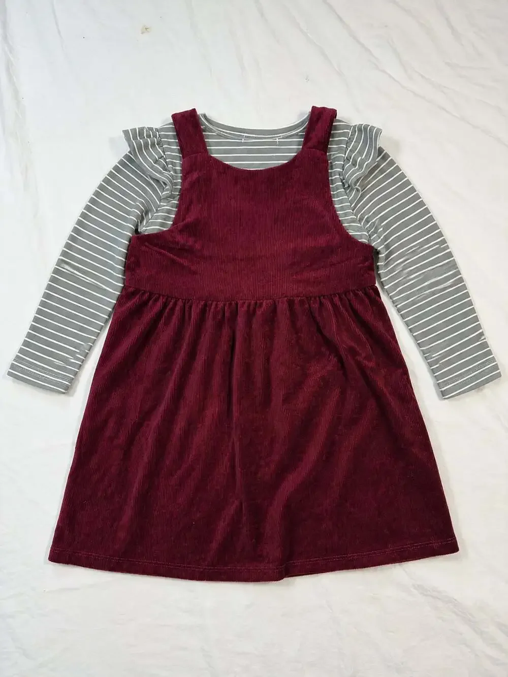3T beautees Girls 2-Piece Burgundy Corduroy Pinafore Jumper and Striped Long Sle